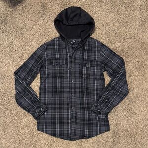 Burnside Charcoal and Black Plaid Hooded Shirt
